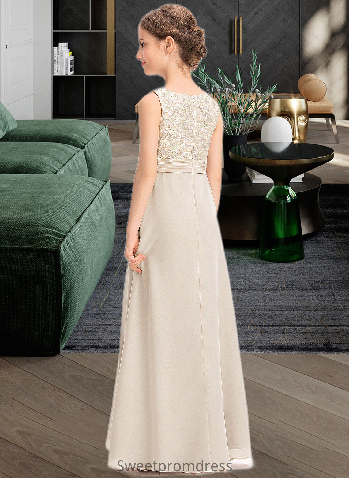 Karley A-Line Scoop Neck Floor-Length Chiffon Lace Junior Bridesmaid Dress With Ruffle DHP0013360