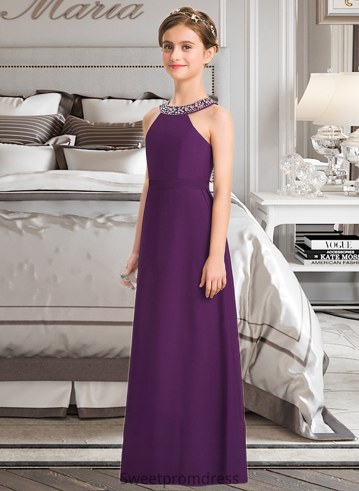 Eliana A-Line Scoop Neck Floor-Length Chiffon Junior Bridesmaid Dress With Beading Bow(s) DHP0013361