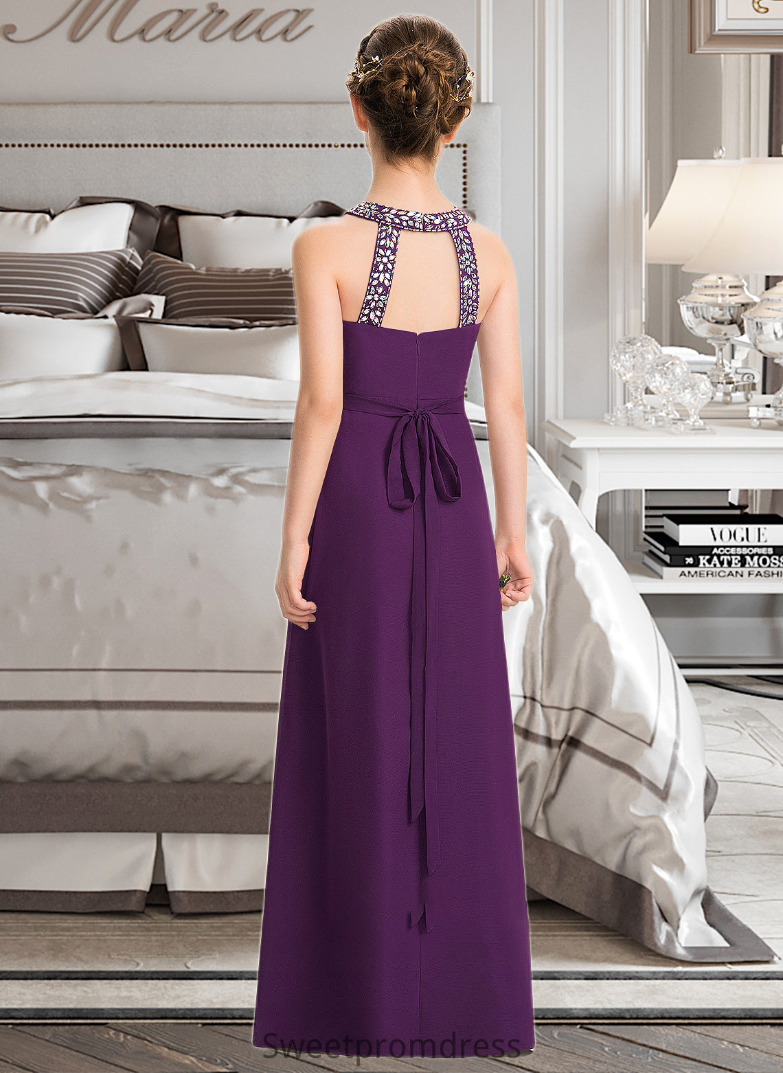 Eliana A-Line Scoop Neck Floor-Length Chiffon Junior Bridesmaid Dress With Beading Bow(s) DHP0013361