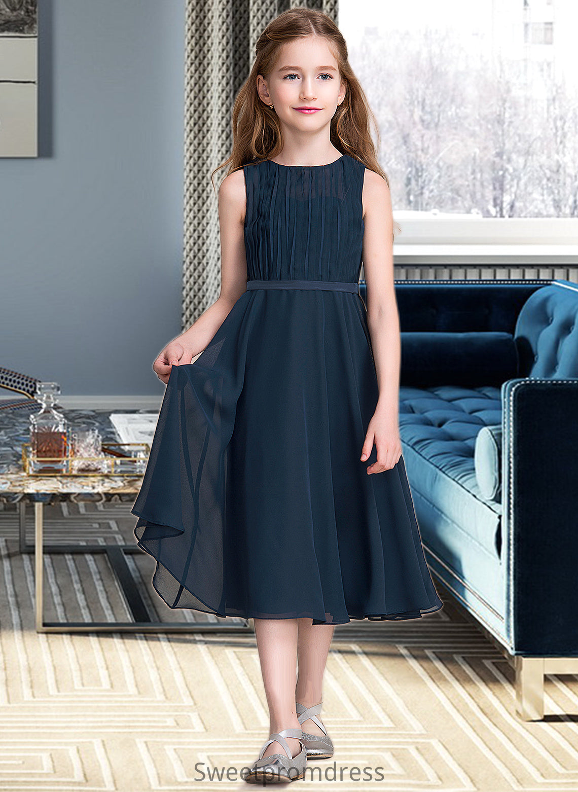 Yaretzi A-Line Scoop Neck Tea-Length Chiffon Junior Bridesmaid Dress With Ruffle DHP0013362