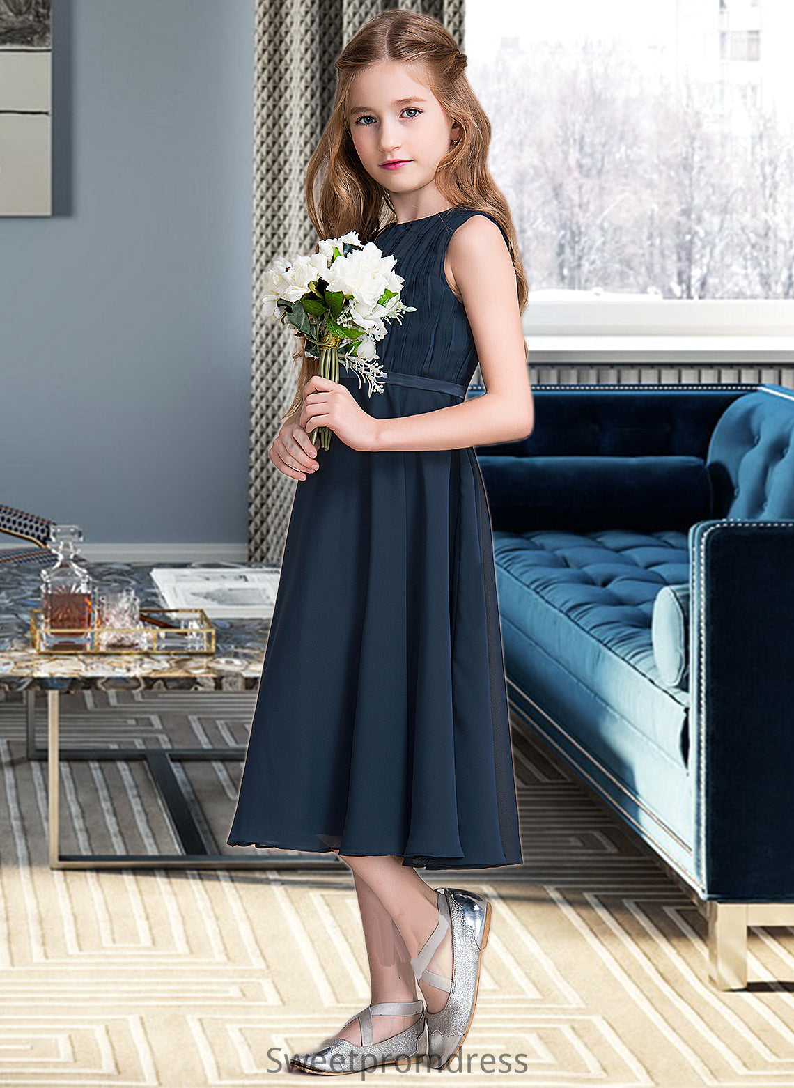 Yaretzi A-Line Scoop Neck Tea-Length Chiffon Junior Bridesmaid Dress With Ruffle DHP0013362