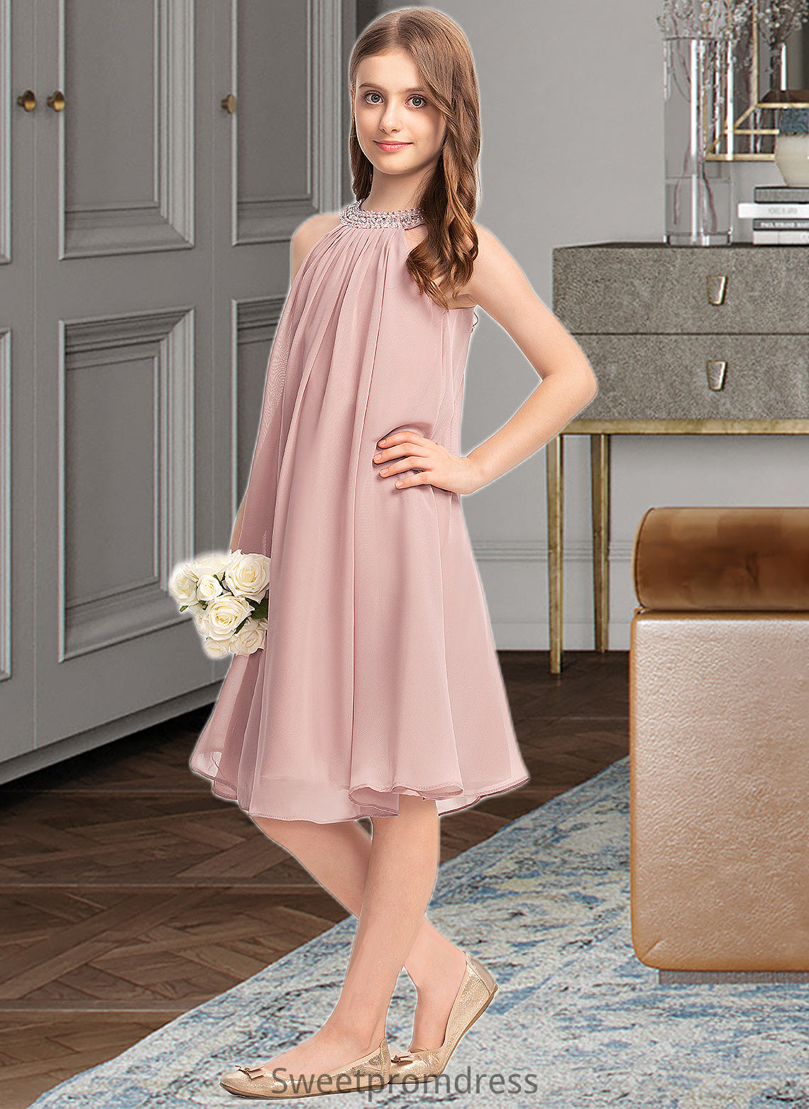 Kennedy A-Line Scoop Neck Knee-Length Chiffon Junior Bridesmaid Dress With Beading Sequins DHP0013365