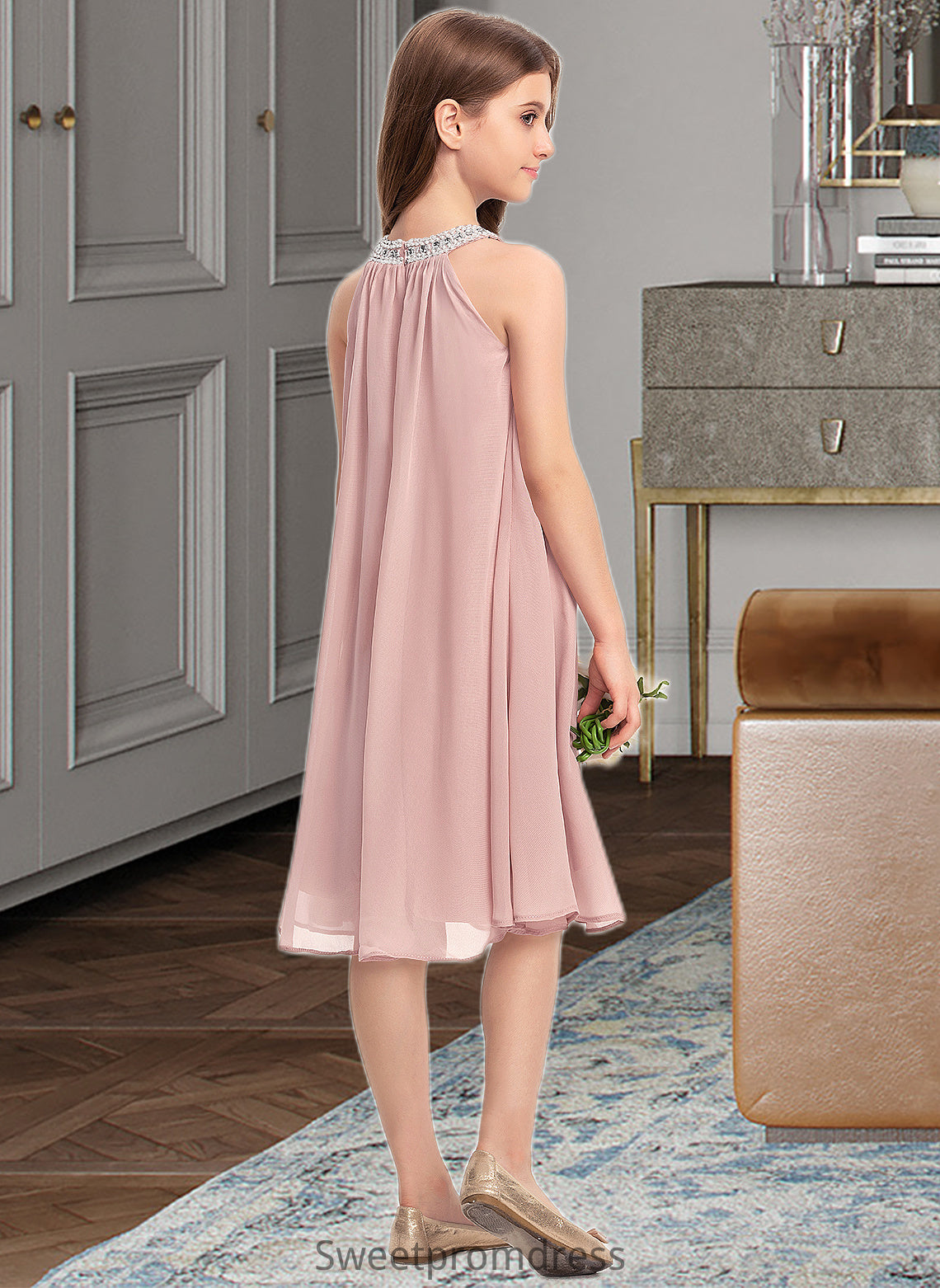 Kennedy A-Line Scoop Neck Knee-Length Chiffon Junior Bridesmaid Dress With Beading Sequins DHP0013365