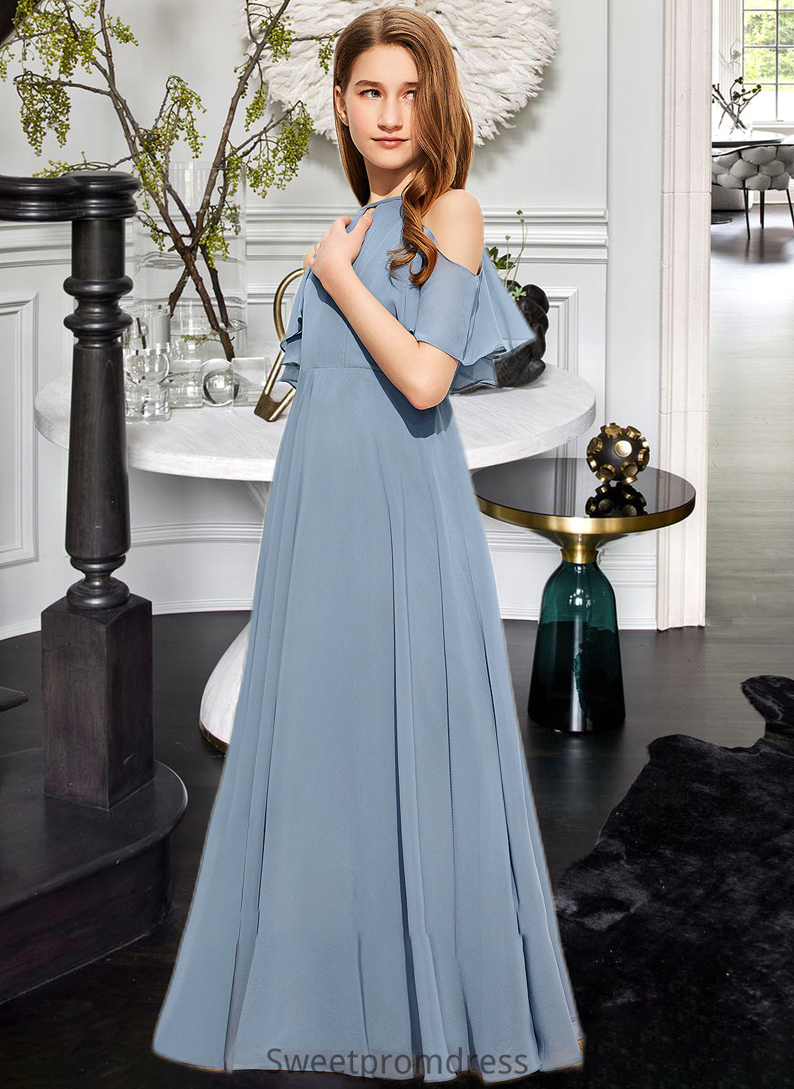 Pat A-Line Scoop Neck Floor-Length Chiffon Junior Bridesmaid Dress With Cascading Ruffles DHP0013367