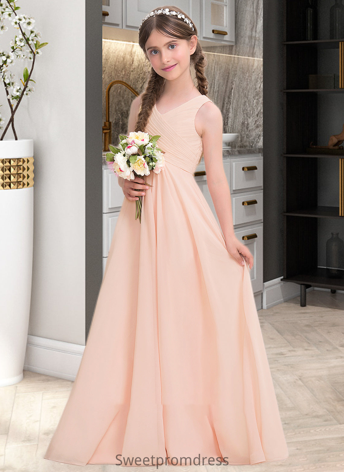 Grace A-Line V-neck Floor-Length Chiffon Junior Bridesmaid Dress With Ruffle DHP0013368