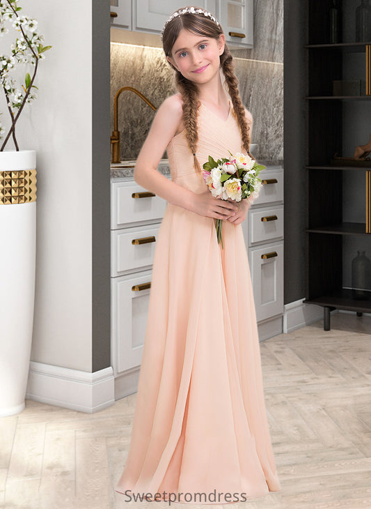 Grace A-Line V-neck Floor-Length Chiffon Junior Bridesmaid Dress With Ruffle DHP0013368