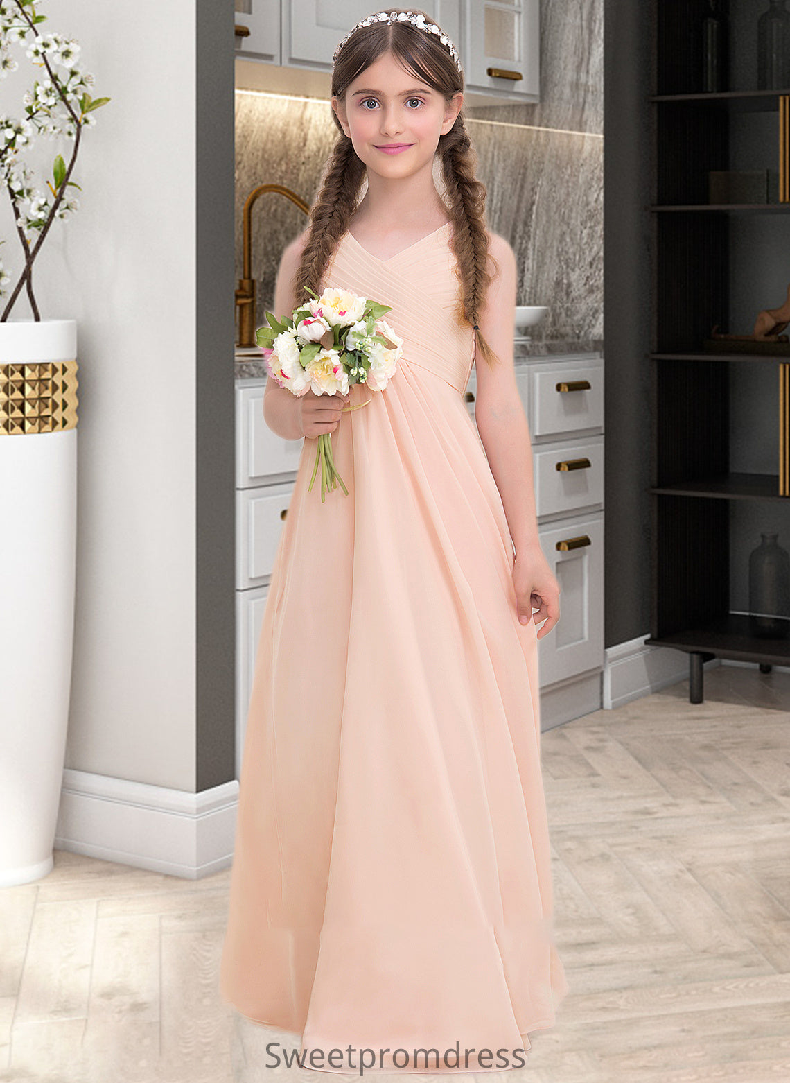 Grace A-Line V-neck Floor-Length Chiffon Junior Bridesmaid Dress With Ruffle DHP0013368