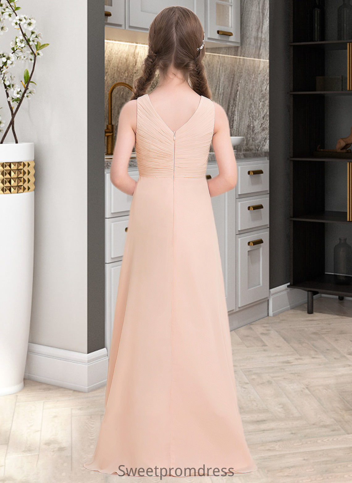 Grace A-Line V-neck Floor-Length Chiffon Junior Bridesmaid Dress With Ruffle DHP0013368