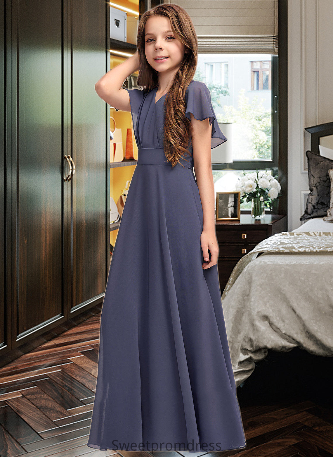 Phyllis A-Line V-neck Floor-Length Chiffon Junior Bridesmaid Dress With Ruffle Bow(s) DHP0013369