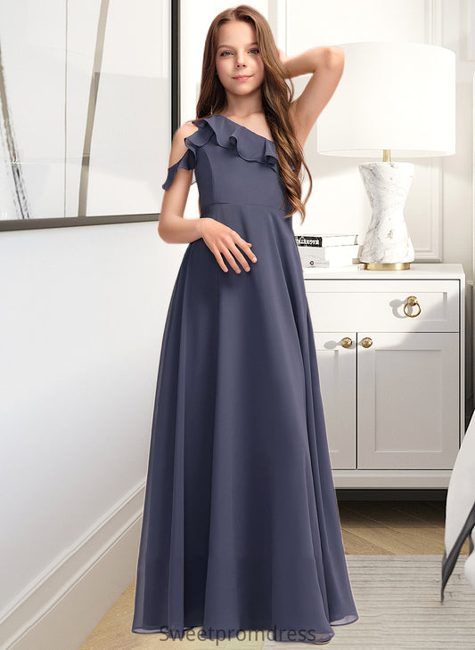 Edith A-Line One-Shoulder Floor-Length Chiffon Junior Bridesmaid Dress With Cascading Ruffles DHP0013370