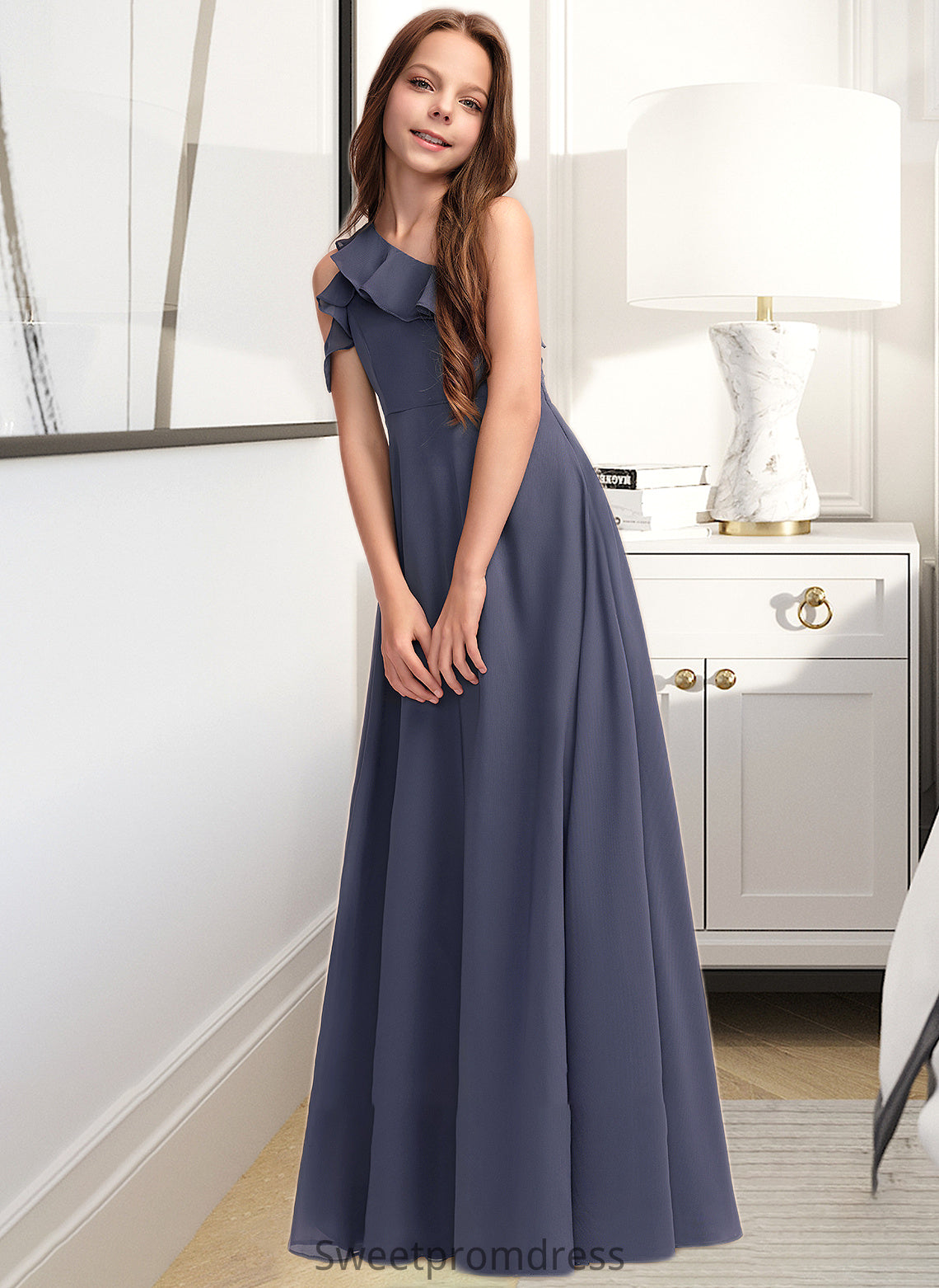 Edith A-Line One-Shoulder Floor-Length Chiffon Junior Bridesmaid Dress With Cascading Ruffles DHP0013370