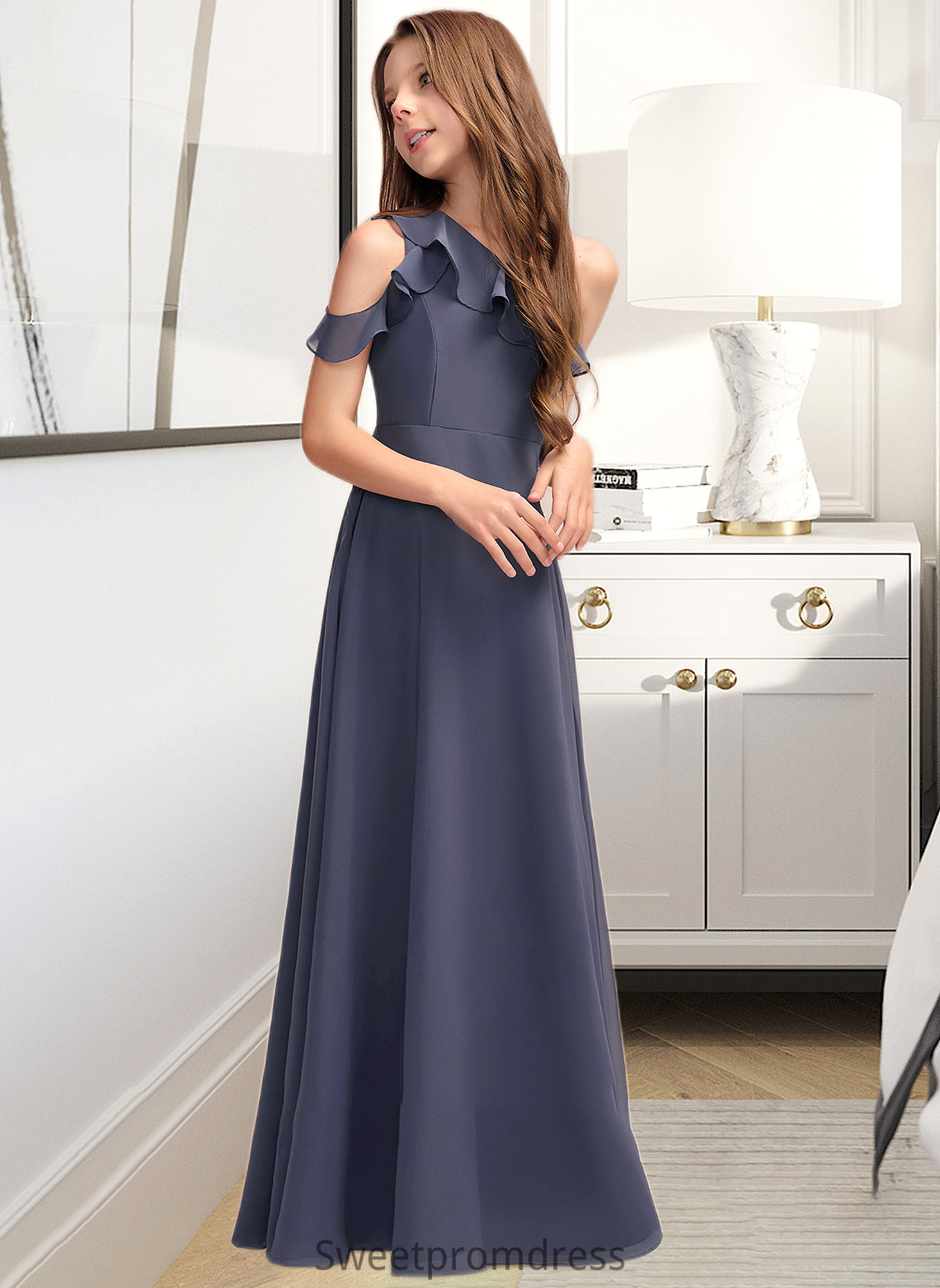 Edith A-Line One-Shoulder Floor-Length Chiffon Junior Bridesmaid Dress With Cascading Ruffles DHP0013370