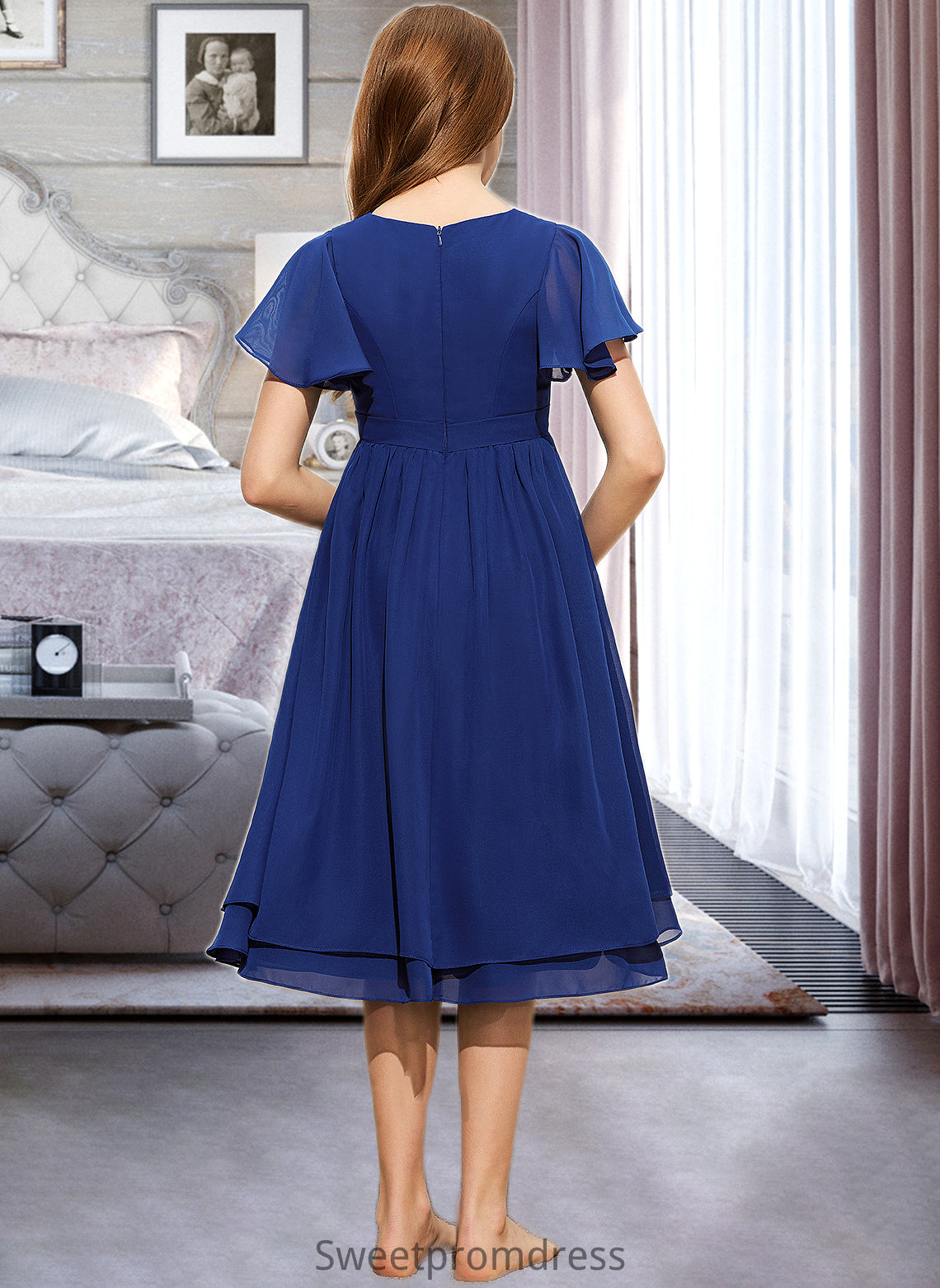 Jaelyn A-Line Scoop Neck Knee-Length Chiffon Junior Bridesmaid Dress With Bow(s) DHP0013372