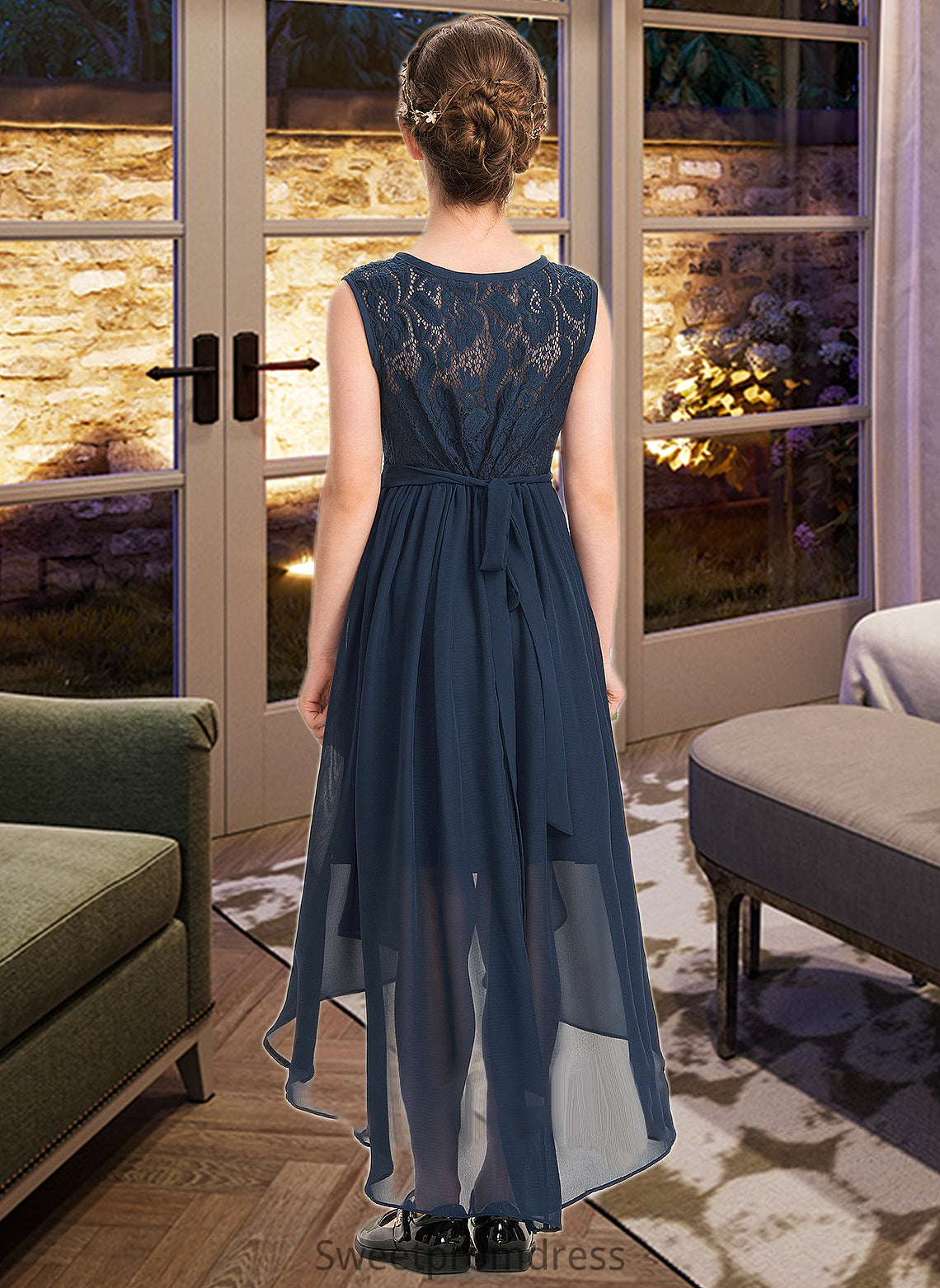 Harriet A-Line Scoop Neck Asymmetrical Chiffon Lace Junior Bridesmaid Dress With Bow(s) Cascading Ruffles DHP0013373