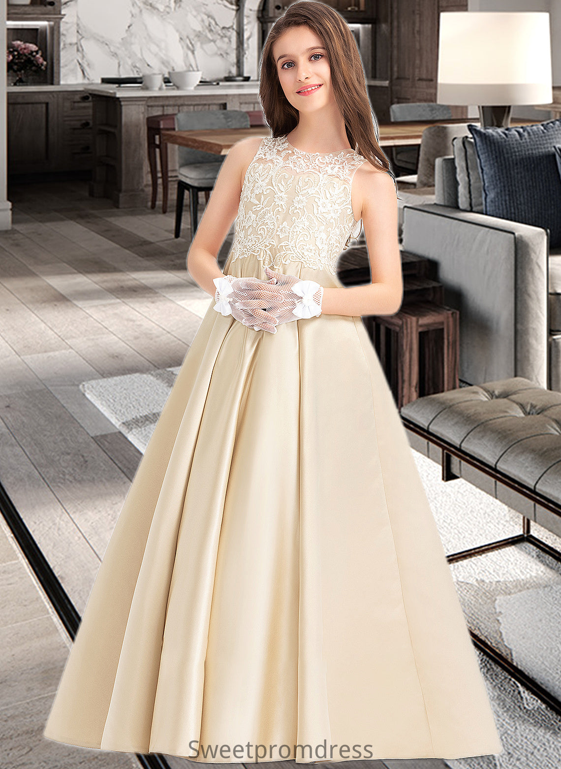 Jaida Ball-Gown/Princess Scoop Neck Floor-Length Satin Lace Junior Bridesmaid Dress DHP0013374