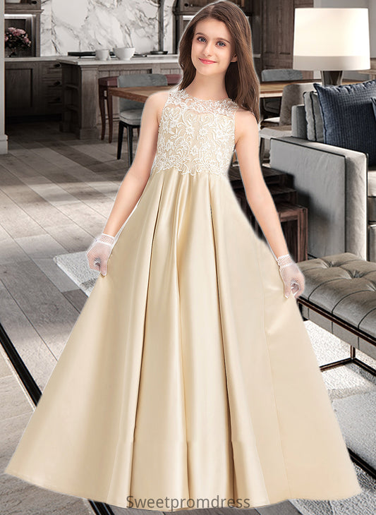 Jaida Ball-Gown/Princess Scoop Neck Floor-Length Satin Lace Junior Bridesmaid Dress DHP0013374