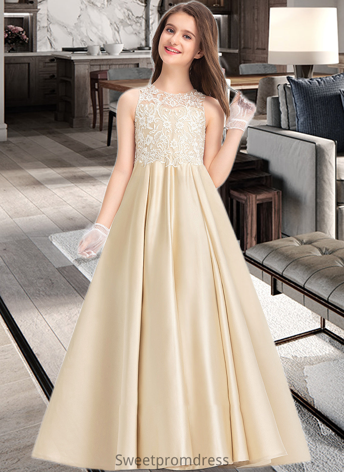 Jaida Ball-Gown/Princess Scoop Neck Floor-Length Satin Lace Junior Bridesmaid Dress DHP0013374