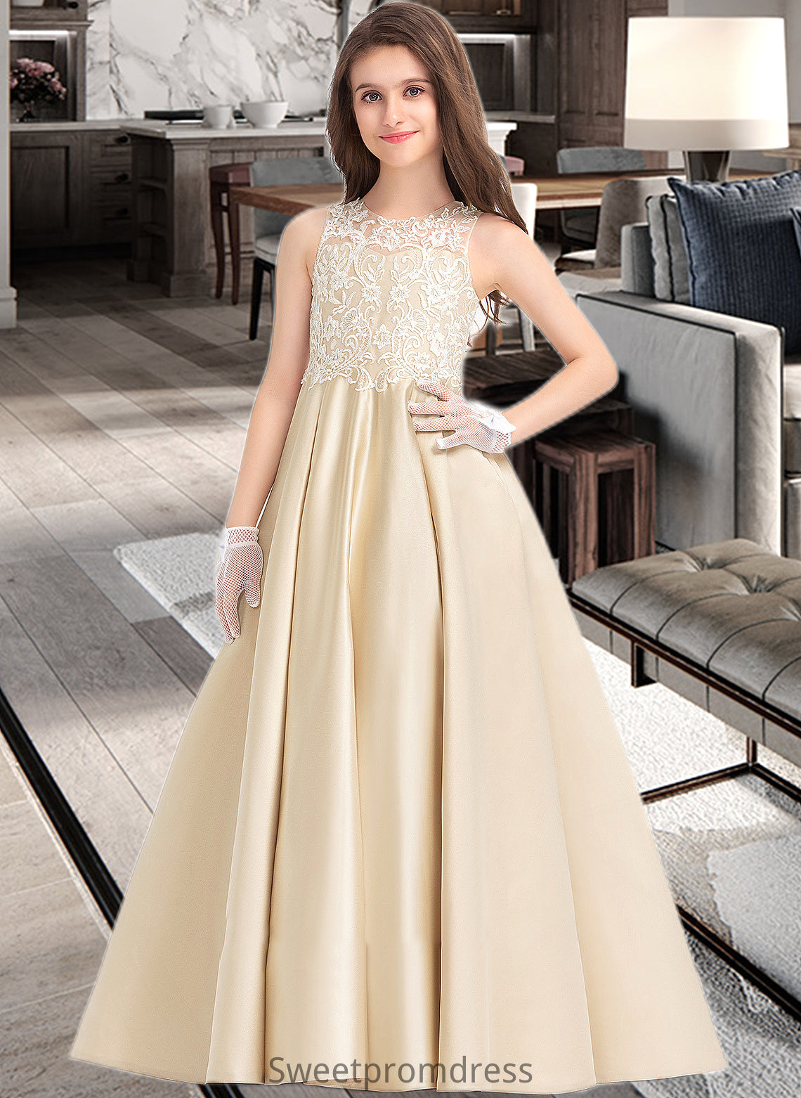 Jaida Ball-Gown/Princess Scoop Neck Floor-Length Satin Lace Junior Bridesmaid Dress DHP0013374