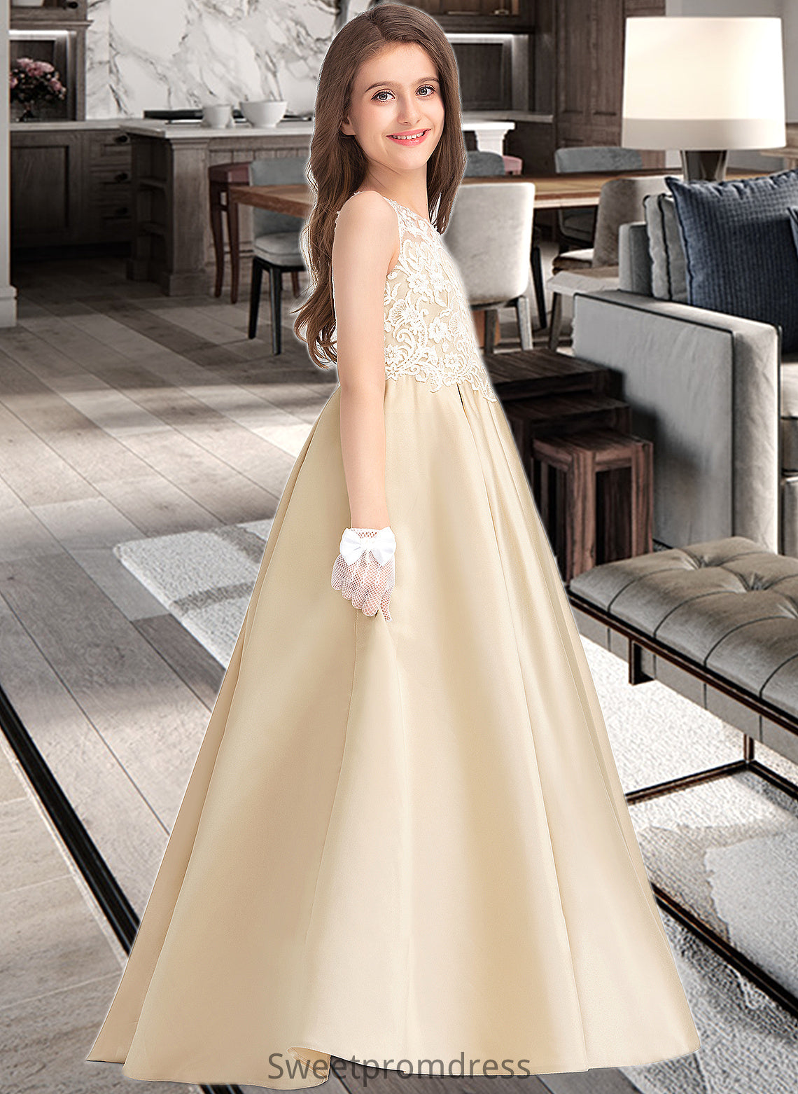 Jaida Ball-Gown/Princess Scoop Neck Floor-Length Satin Lace Junior Bridesmaid Dress DHP0013374