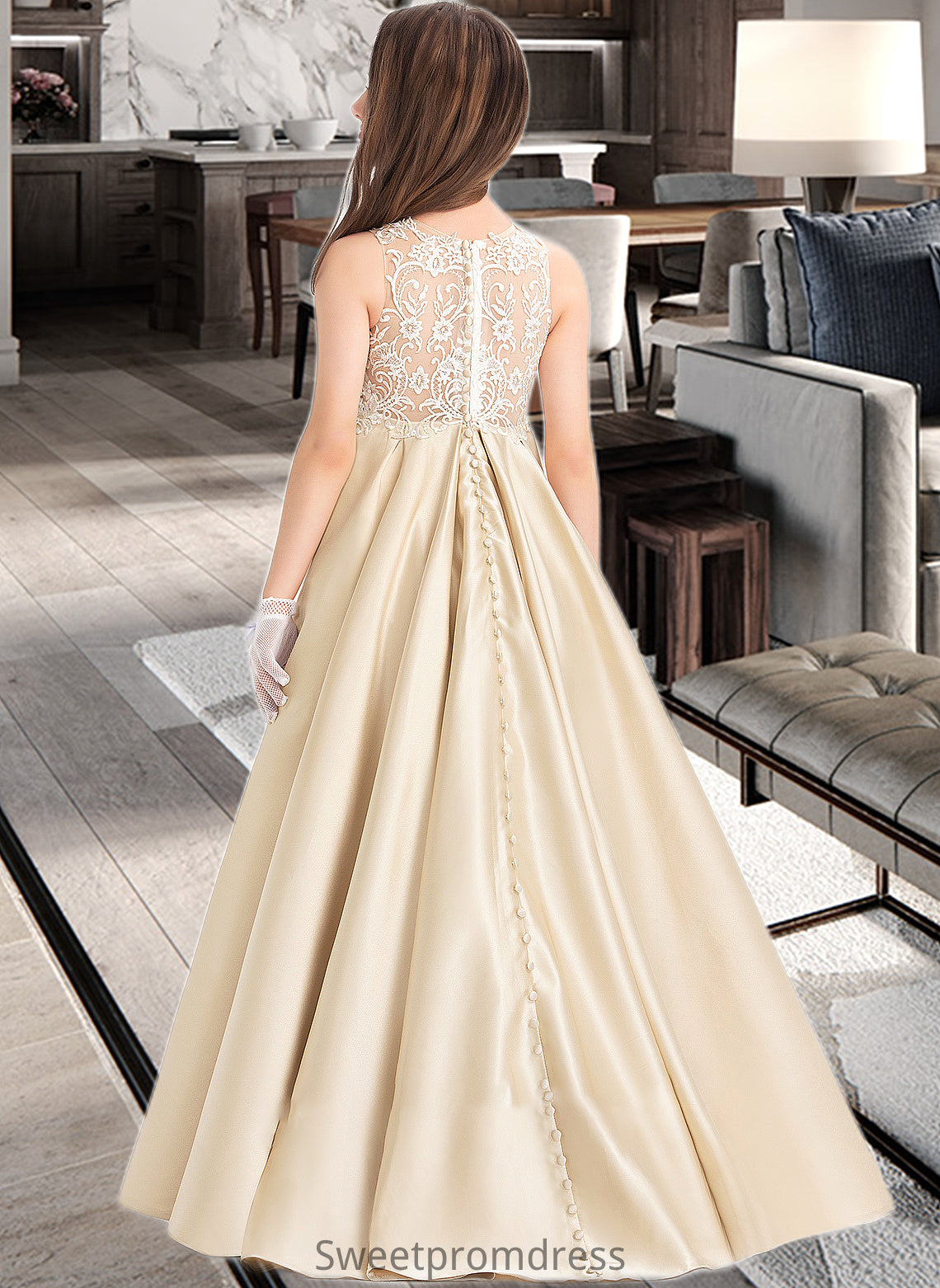 Jaida Ball-Gown/Princess Scoop Neck Floor-Length Satin Lace Junior Bridesmaid Dress DHP0013374