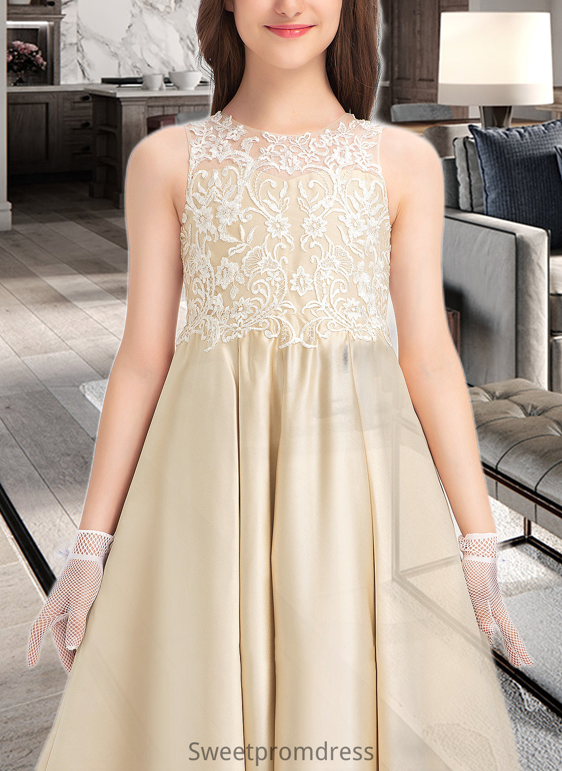 Jaida Ball-Gown/Princess Scoop Neck Floor-Length Satin Lace Junior Bridesmaid Dress DHP0013374