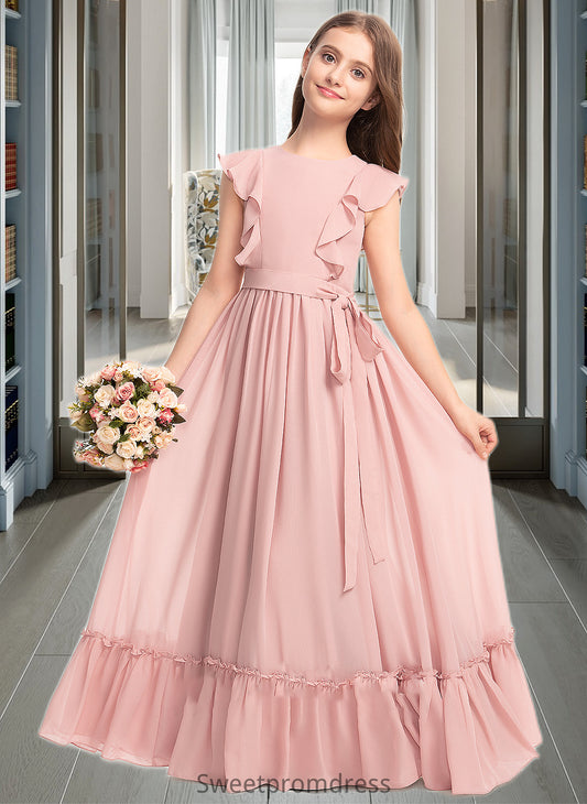 Cheyenne A-Line Scoop Neck Floor-Length Chiffon Junior Bridesmaid Dress With Bow(s) Cascading Ruffles DHP0013375