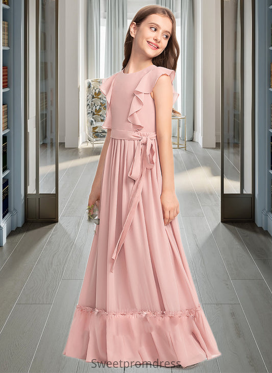 Cheyenne A-Line Scoop Neck Floor-Length Chiffon Junior Bridesmaid Dress With Bow(s) Cascading Ruffles DHP0013375