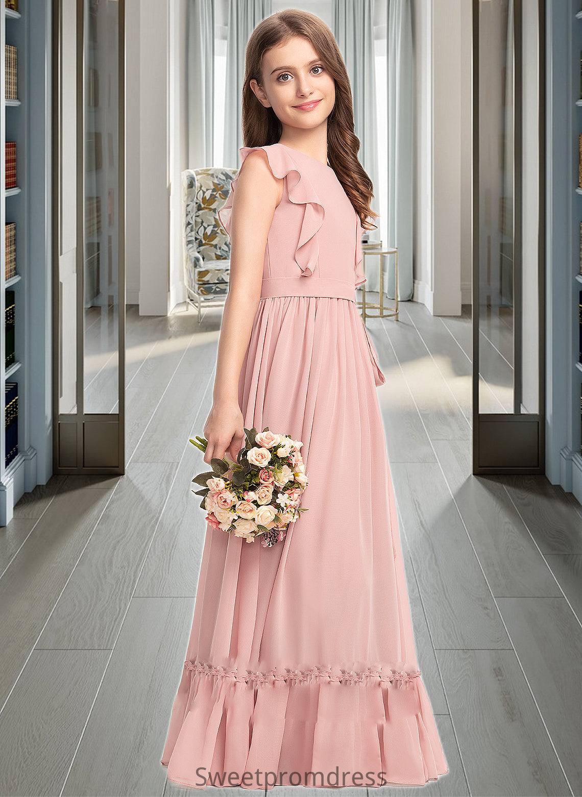 Cheyenne A-Line Scoop Neck Floor-Length Chiffon Junior Bridesmaid Dress With Bow(s) Cascading Ruffles DHP0013375