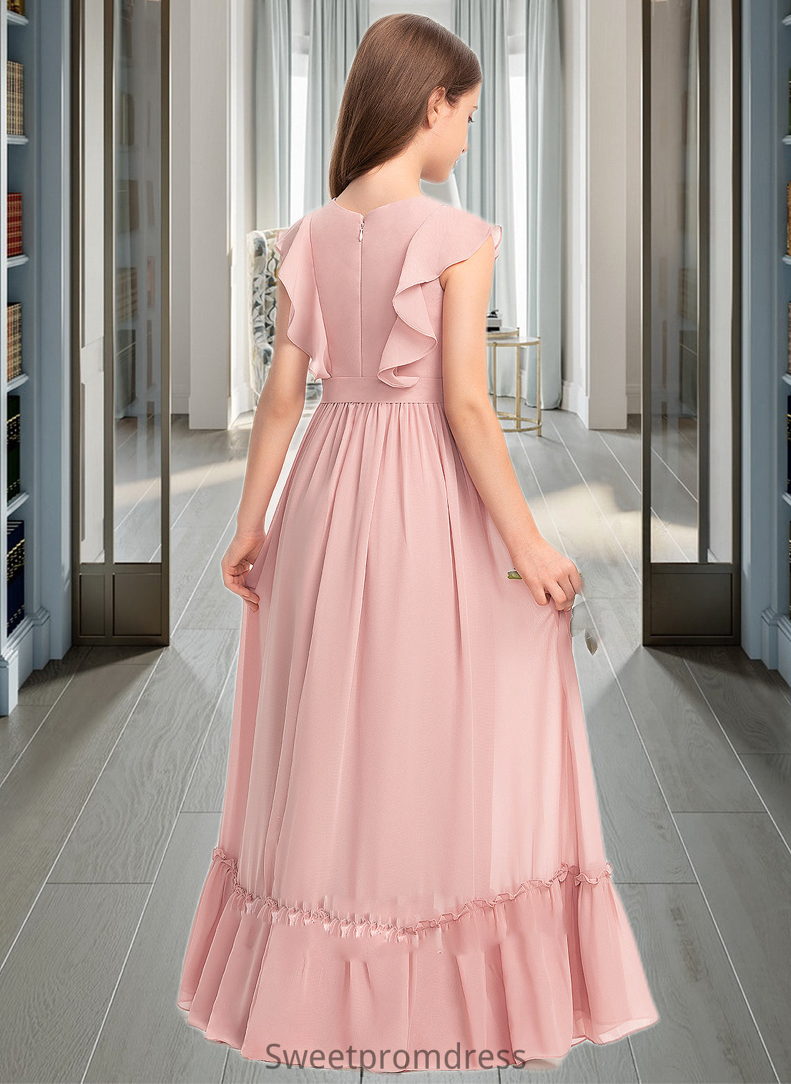 Cheyenne A-Line Scoop Neck Floor-Length Chiffon Junior Bridesmaid Dress With Bow(s) Cascading Ruffles DHP0013375