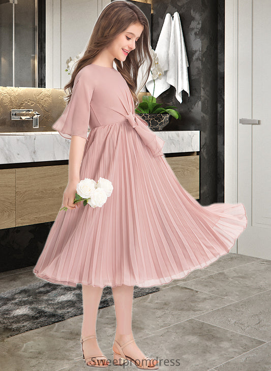 Pat A-Line Scoop Neck Knee-Length Chiffon Junior Bridesmaid Dress With Bow(s) Pleated DHP0013377