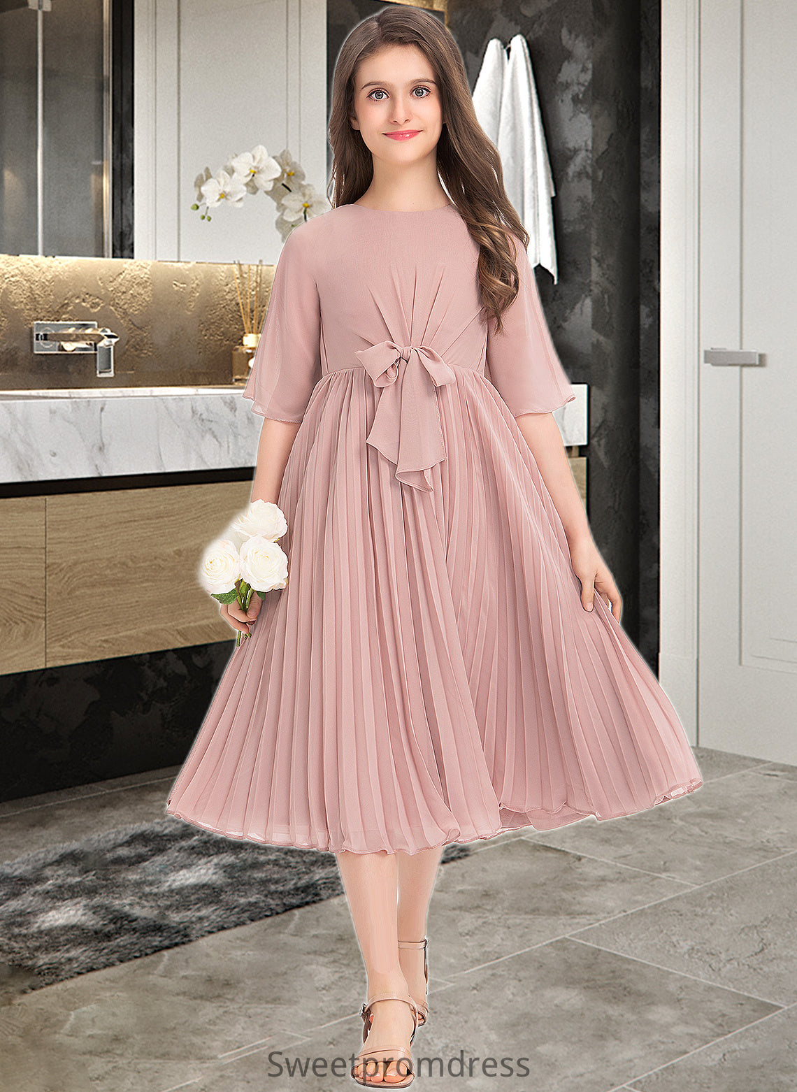 Pat A-Line Scoop Neck Knee-Length Chiffon Junior Bridesmaid Dress With Bow(s) Pleated DHP0013377