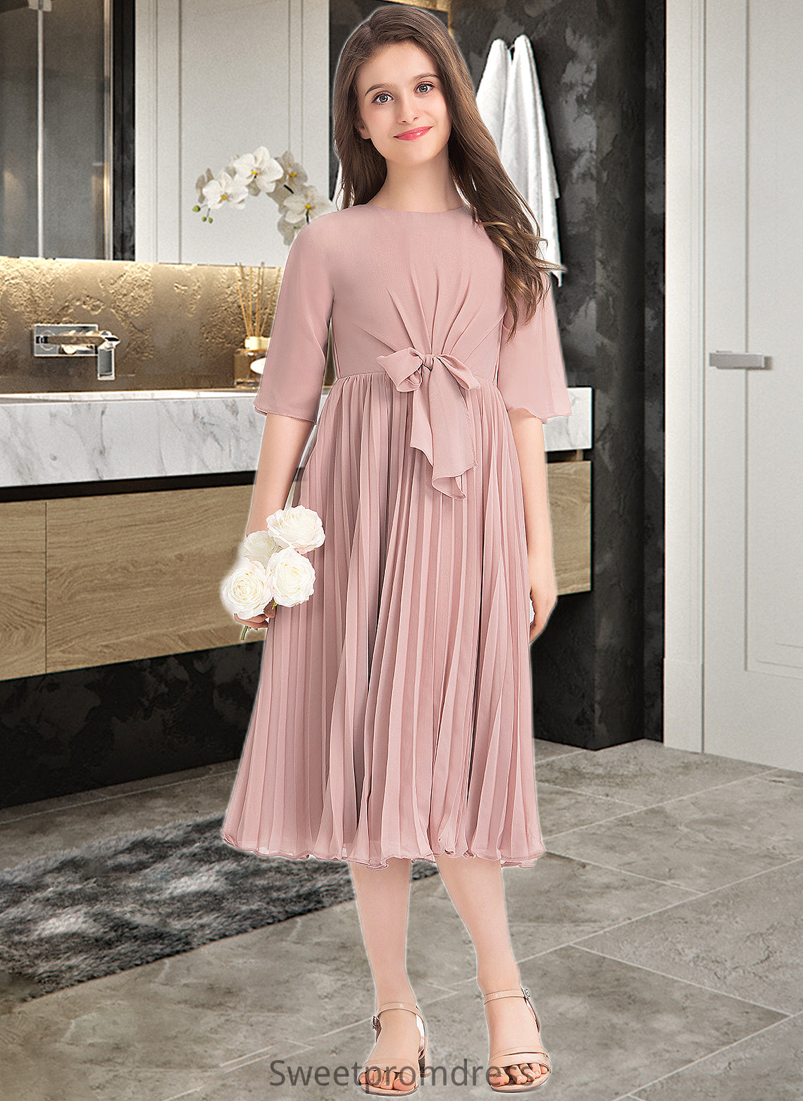 Pat A-Line Scoop Neck Knee-Length Chiffon Junior Bridesmaid Dress With Bow(s) Pleated DHP0013377