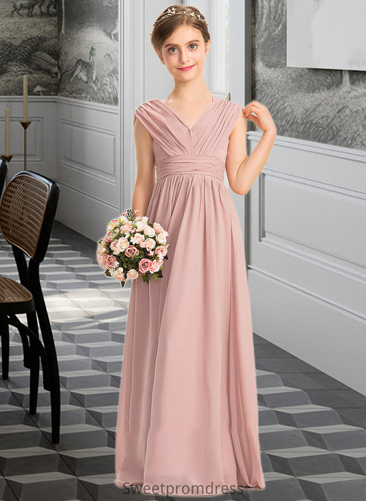 Avah A-Line V-neck Floor-Length Chiffon Junior Bridesmaid Dress With Ruffle Bow(s) DHP0013378