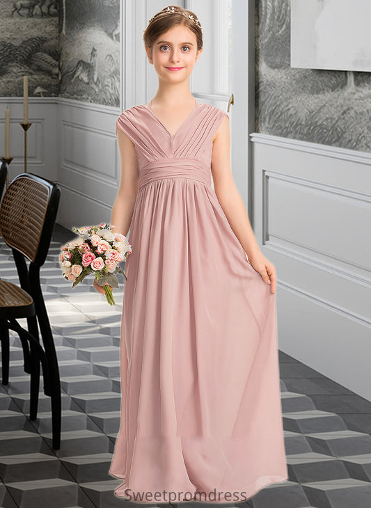 Avah A-Line V-neck Floor-Length Chiffon Junior Bridesmaid Dress With Ruffle Bow(s) DHP0013378