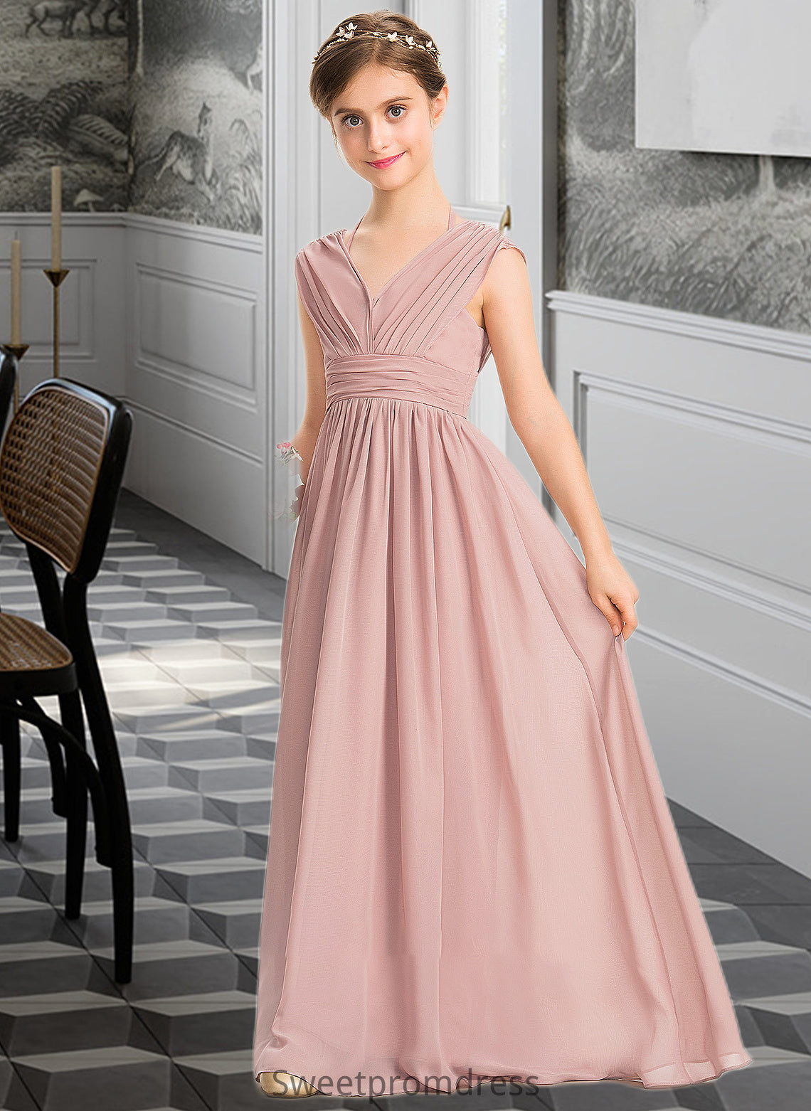 Avah A-Line V-neck Floor-Length Chiffon Junior Bridesmaid Dress With Ruffle Bow(s) DHP0013378