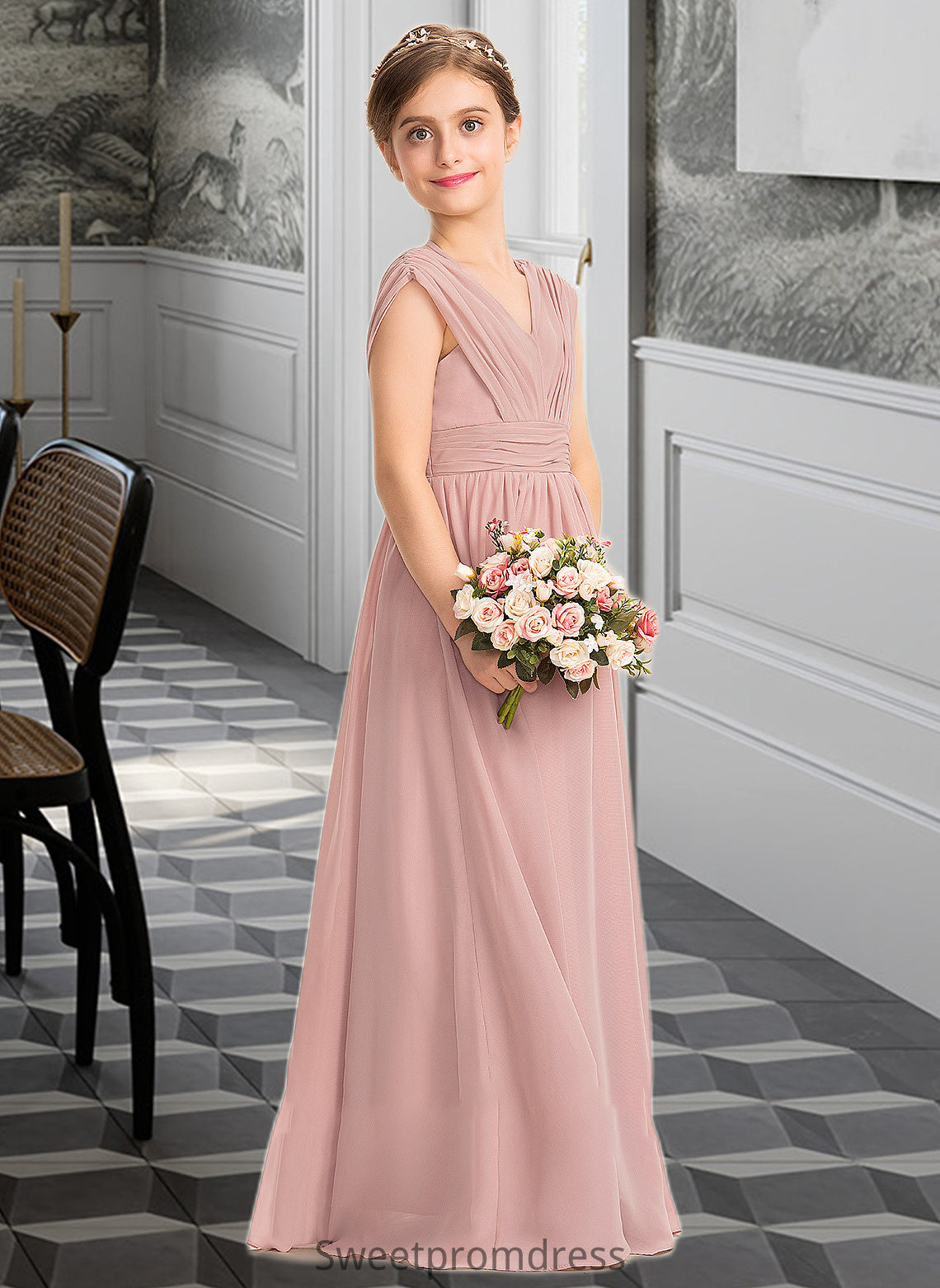 Avah A-Line V-neck Floor-Length Chiffon Junior Bridesmaid Dress With Ruffle Bow(s) DHP0013378