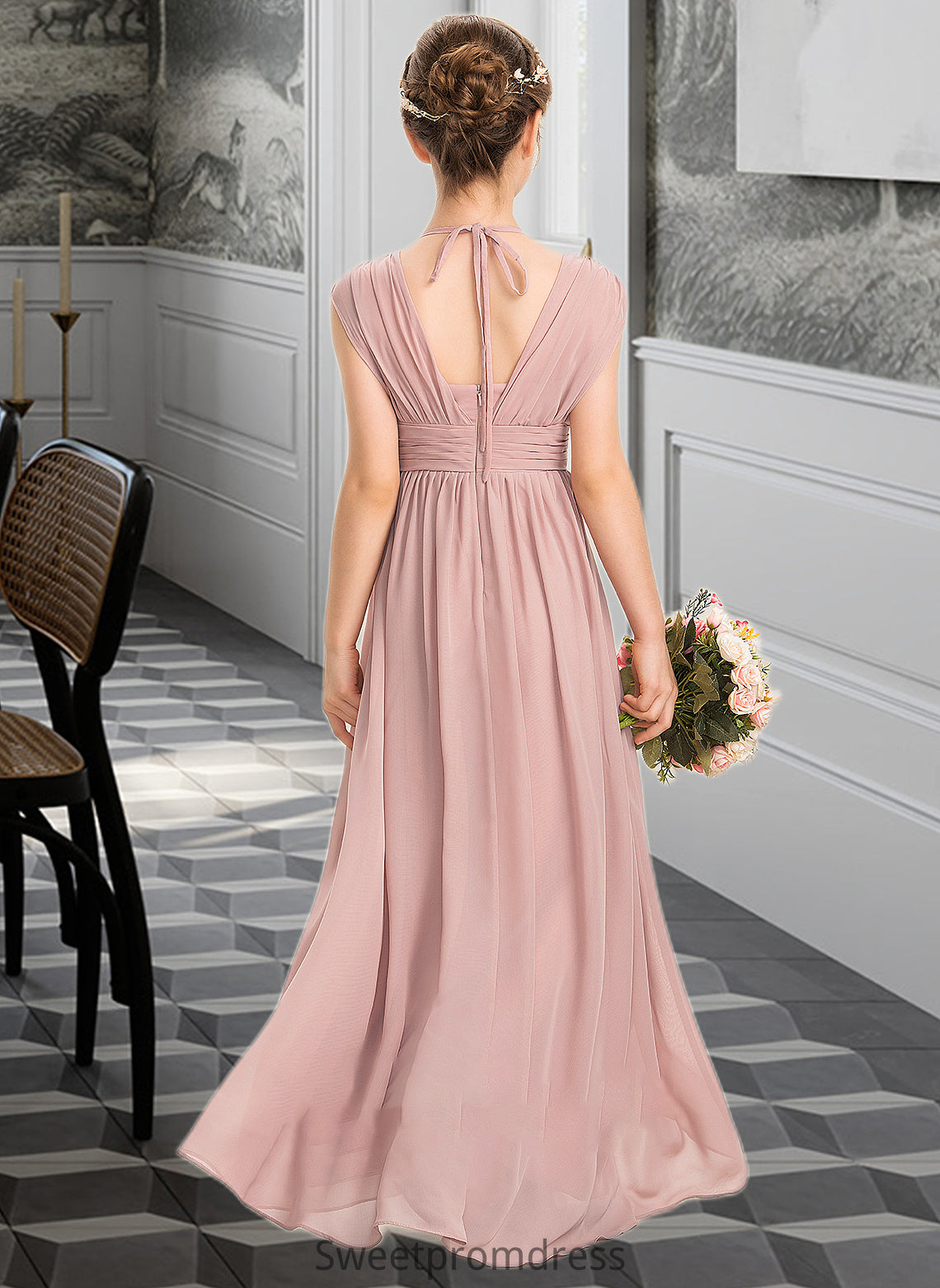 Avah A-Line V-neck Floor-Length Chiffon Junior Bridesmaid Dress With Ruffle Bow(s) DHP0013378