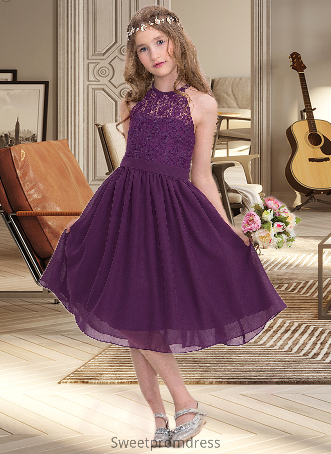 Cierra A-Line Scoop Neck Knee-Length Chiffon Junior Bridesmaid Dress DHP0013379