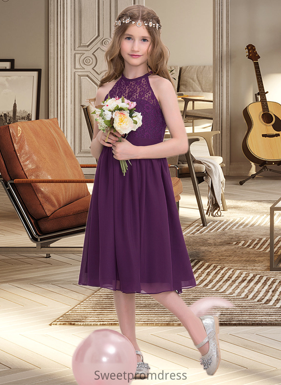 Cierra A-Line Scoop Neck Knee-Length Chiffon Junior Bridesmaid Dress DHP0013379