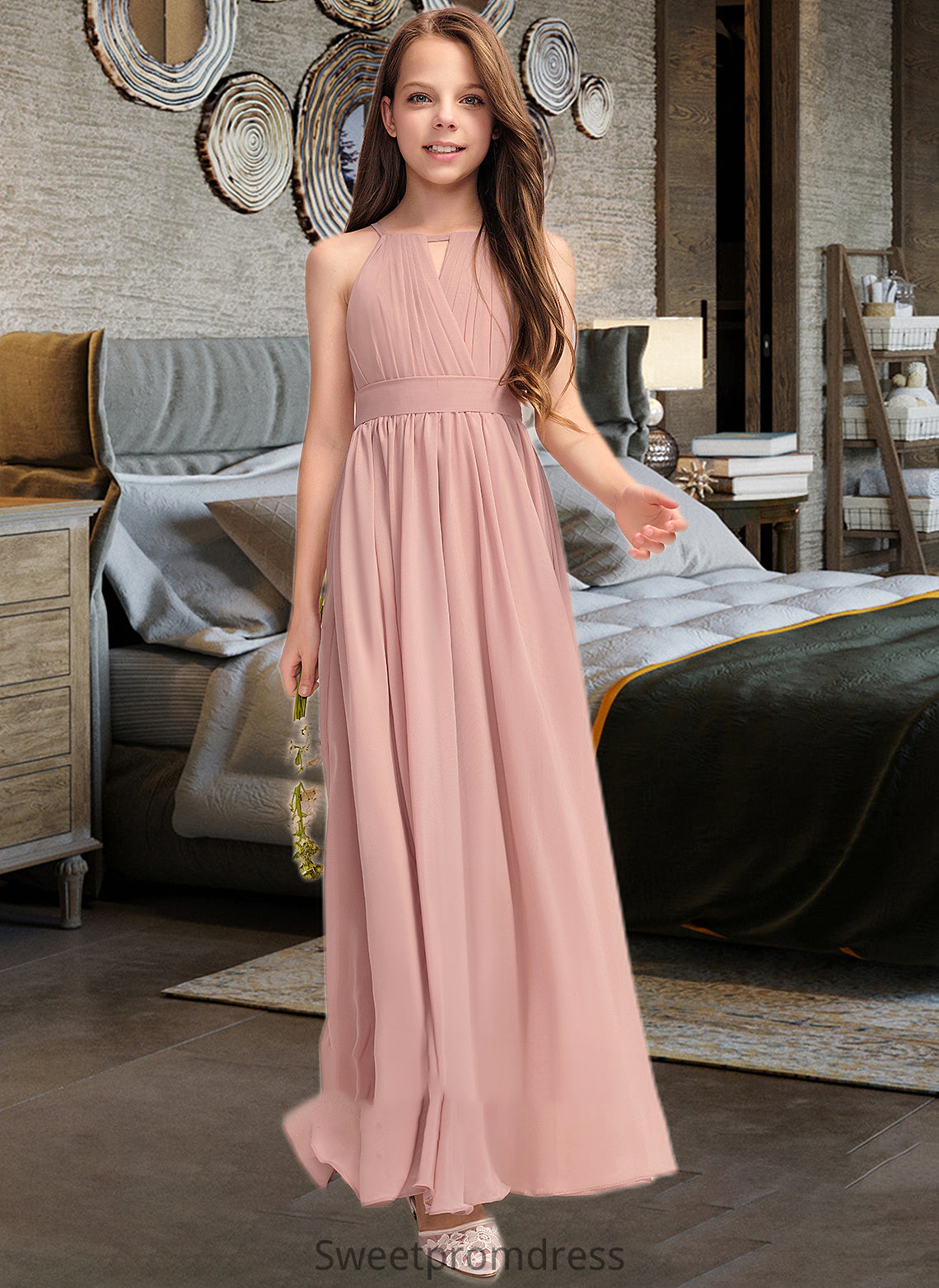 Lucy A-Line Scoop Neck Floor-Length Chiffon Junior Bridesmaid Dress With Ruffle Bow(s) DHP0013380