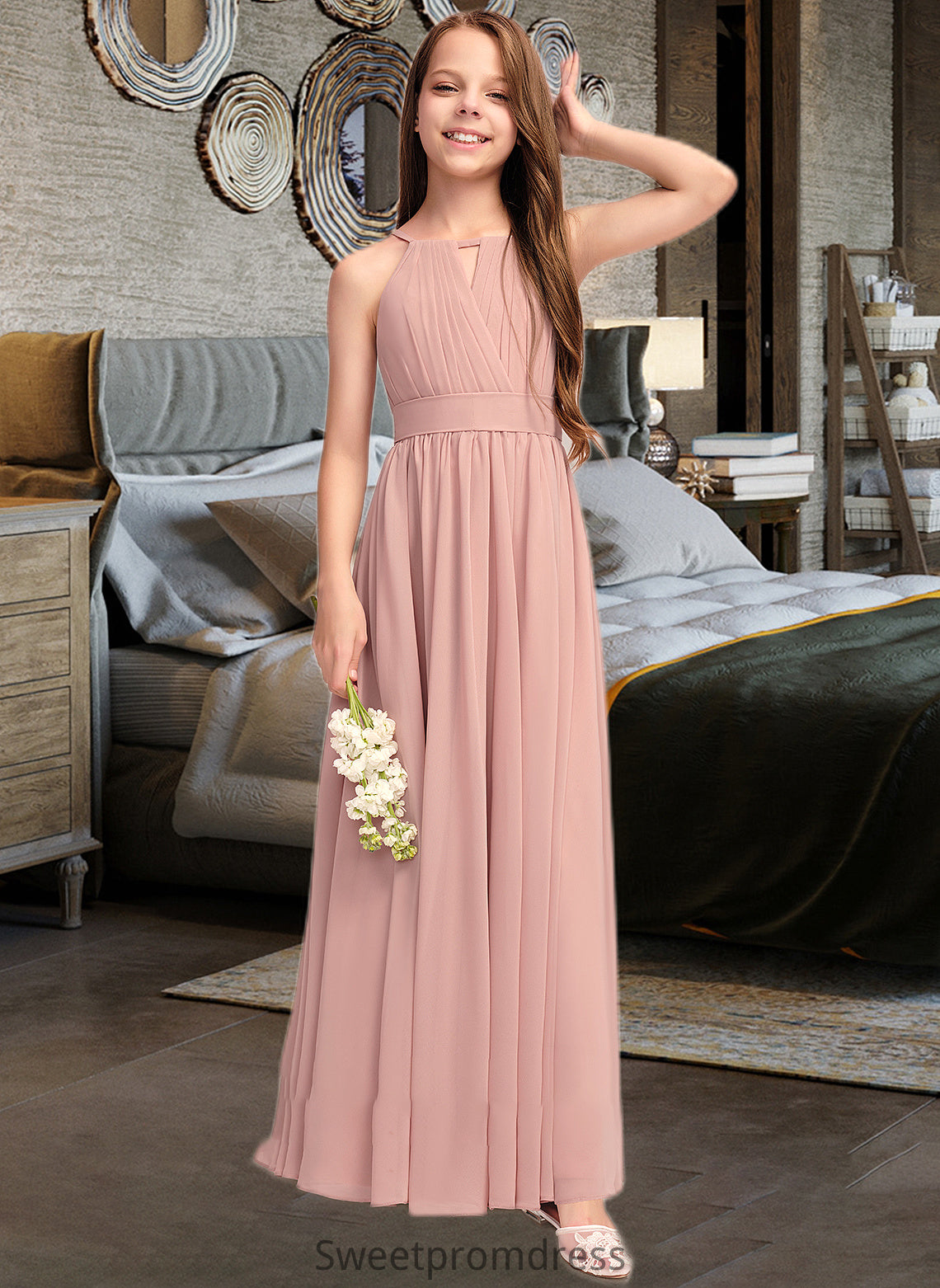 Lucy A-Line Scoop Neck Floor-Length Chiffon Junior Bridesmaid Dress With Ruffle Bow(s) DHP0013380