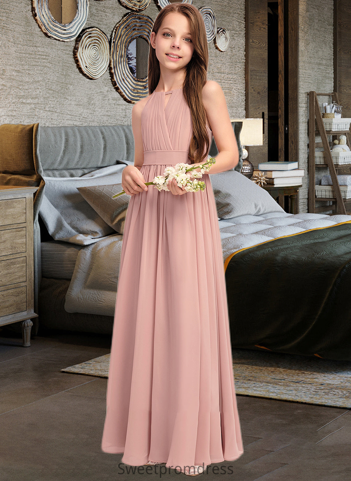 Lucy A-Line Scoop Neck Floor-Length Chiffon Junior Bridesmaid Dress With Ruffle Bow(s) DHP0013380