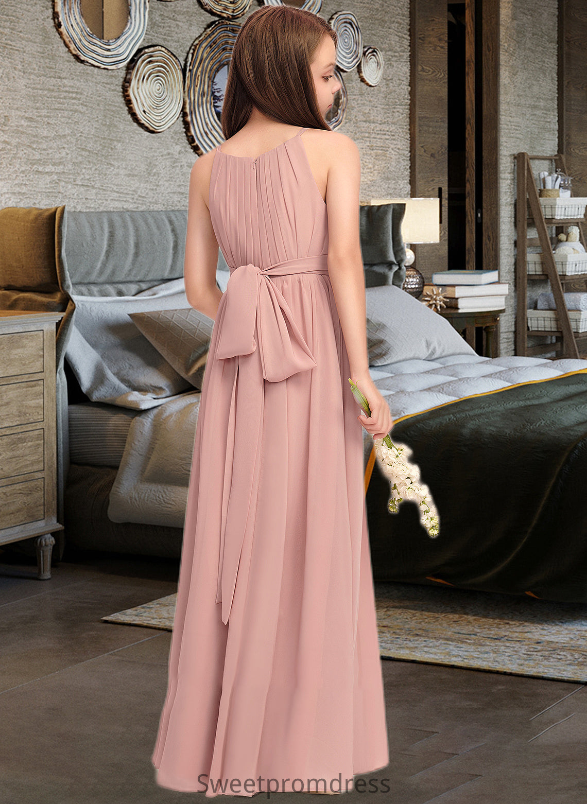 Lucy A-Line Scoop Neck Floor-Length Chiffon Junior Bridesmaid Dress With Ruffle Bow(s) DHP0013380