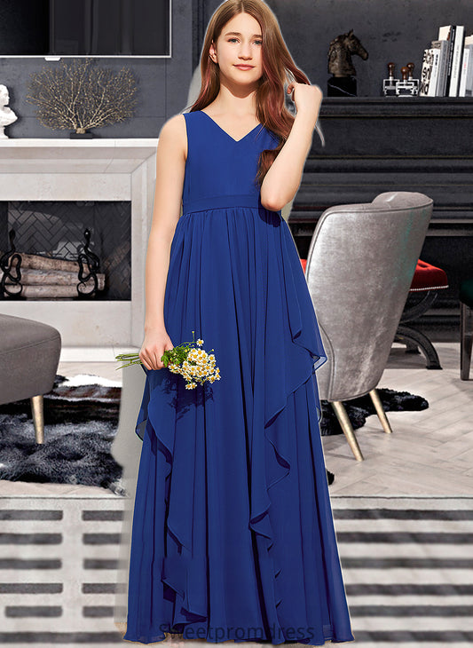 Kamari A-Line V-neck Floor-Length Chiffon Junior Bridesmaid Dress With Cascading Ruffles DHP0013381