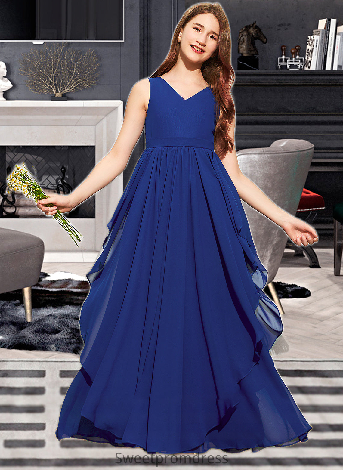 Kamari A-Line V-neck Floor-Length Chiffon Junior Bridesmaid Dress With Cascading Ruffles DHP0013381