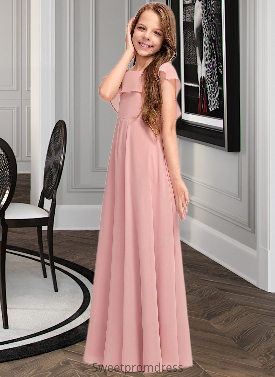 Lailah A-Line Scoop Neck Floor-Length Chiffon Junior Bridesmaid Dress With Cascading Ruffles DHP0013382