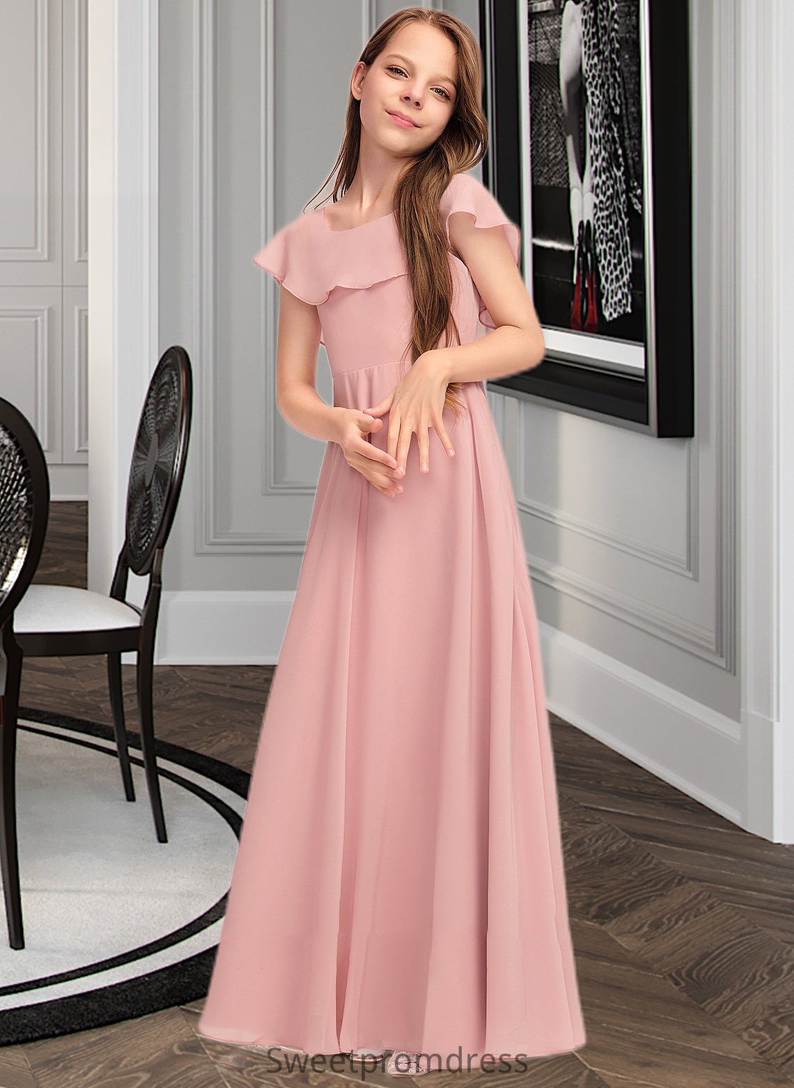 Lailah A-Line Scoop Neck Floor-Length Chiffon Junior Bridesmaid Dress With Cascading Ruffles DHP0013382