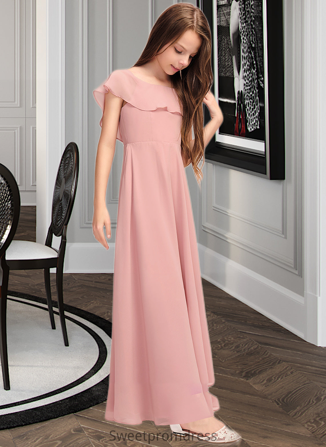 Lailah A-Line Scoop Neck Floor-Length Chiffon Junior Bridesmaid Dress With Cascading Ruffles DHP0013382