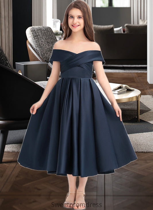 Brisa A-Line Off-the-Shoulder Tea-Length Satin Junior Bridesmaid Dress With Ruffle Pockets DHP0013383