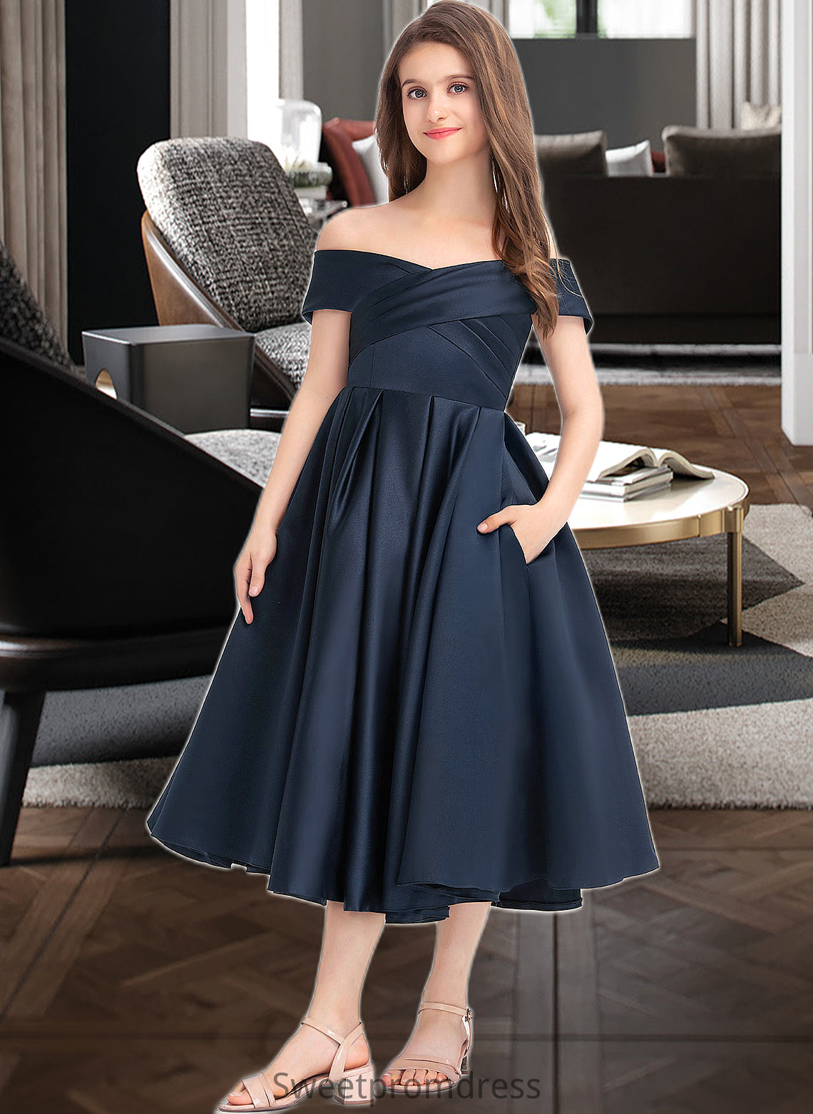 Brisa A-Line Off-the-Shoulder Tea-Length Satin Junior Bridesmaid Dress With Ruffle Pockets DHP0013383